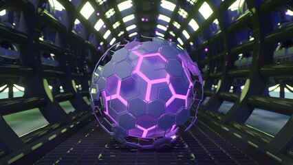 Purple glowing hexagon sphere in futuristic 3D tunnel
