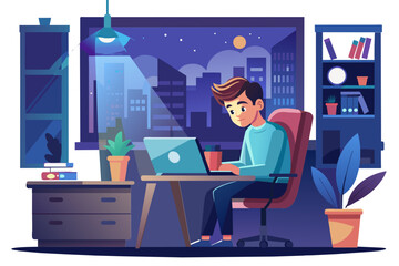 business young man night student laptop computer office guy businessman tv watching television movie startup evening glowing screen social media education modern flat design simple vector