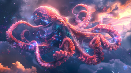 Surreal Artwork Featuring An octopus floating