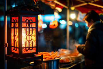 The fiery glow of a lantern at a nighttime market