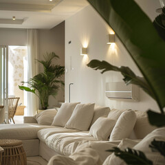 a view of the living room of a white apartment in with wall sconce 