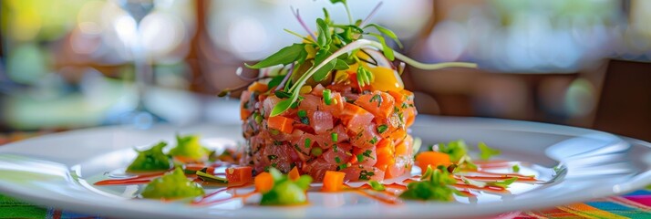 Tuna Tartar, Tatar or Tar-Tar, Chopped Red Fish Fillet, Vegetables and Greens on White Plate