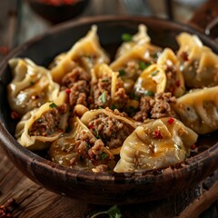 Giurza or Gyoza, Dim Sum, Jiaozi, Momo, Mandu or Ravioli, Azerbaijani Fried Dumplings with Minced Meat