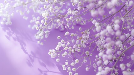 Gypsophila on vibrant lavender background, magazine aesthetic, bright light, high angle view