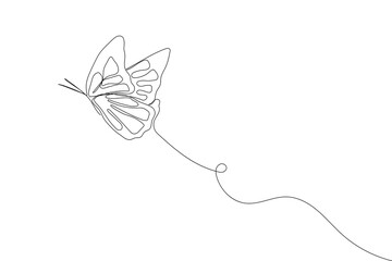 One line continuous butterfly. Outline vector animal. Single hand drawn sketch. Summer insect in doodle style