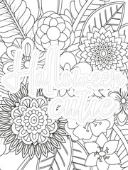 Keychain Quotes Flower Coloring Page Beautiful black and white illustration for adult coloring book