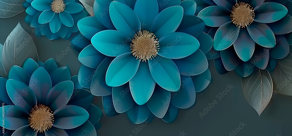 Poster a blue flower with gold accents is the main focus of the image. the flowers are arranged in a way th