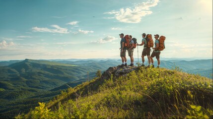 Friends Reaching the Summit of a Hill During a Summer Hike