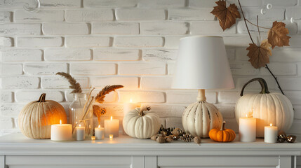 Cabinet with pumpkins lamp and candles near white  - Powered by Adobe