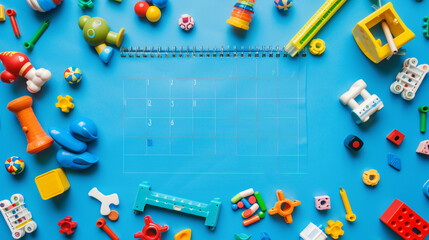 Fototapeta na wymiar Calendar and toys on blue background. Autism Awareness