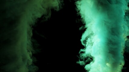 3D animation of green and yellow smoke plume on black background