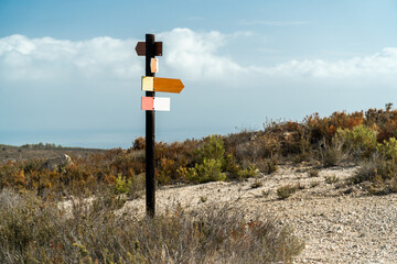 Wooden post with directions to paths and trails