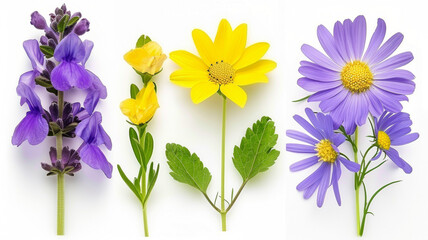 Three different flowers are shown in a row, with one purple, one yellow