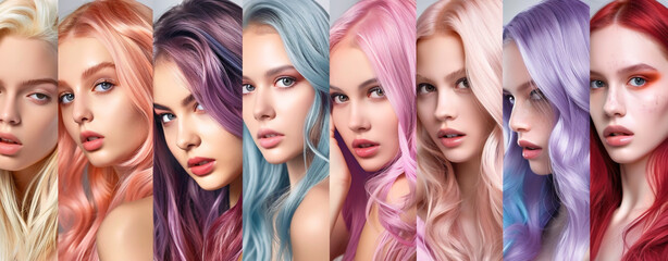 A colorful hair color chart for women with different hairstyles and skin shades,