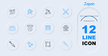 Fototapeta premium Japan set icon. Flag, country, island, map, bow, temple, Japanese architecture, blowpipe, kunai, gong, Newton s pendulum, manuscript, katanas, cross swords, neomorphism. Japanese aesthetics concept.