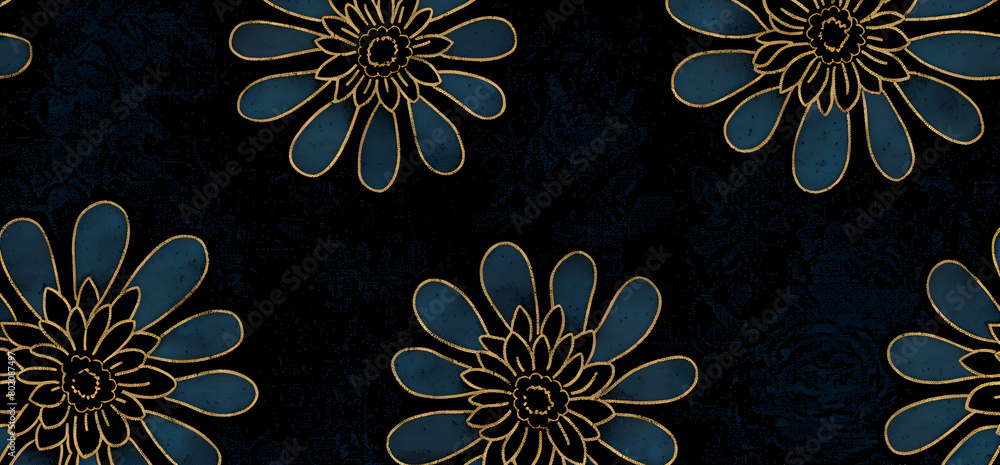 Poster a blue and gold floral pattern is displayed on a black background. the flowers are arranged in a way