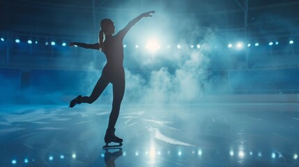 A woman is skating on ice with smoke in the background