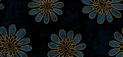 A blue and gold floral pattern is displayed on a black background. The flowers are arranged in a way that creates a sense of depth and movement. Generative AI