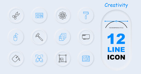 Fototapeta premium Creativity set icon. Scissors, artist, visual designer, artist, painter, gear, square, paint bucket, fill, hammer, roller, cartooning, book, mouse, photo layers, neomorphism. Creation concept.