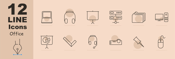 Office set icon. Laptop, headphones, presentation, server, files, folders, computer, monitor, system unit, ruler, microphone, call center, projector, pin button, mouse. Office work concept.