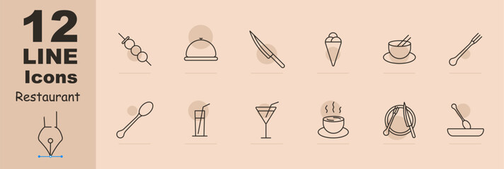 Restaurant set icon. Cloche, saloon, chef s knife, ice cream, noodle bowl, chopsticks, fork, cocktail glass, wine glass, entree, soup, hot dish, cutlery, dango. Gourmet food concept.