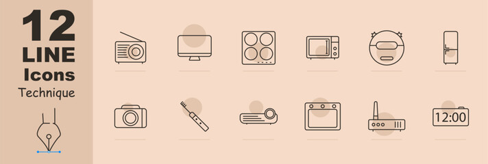 Appliances set icon. Radio, TV, monitor, computer, stove, microwave, robot cleaner, electronic scales, refrigerator, electronic toothbrush, projector, oven, router, clock. Modern technology concept.