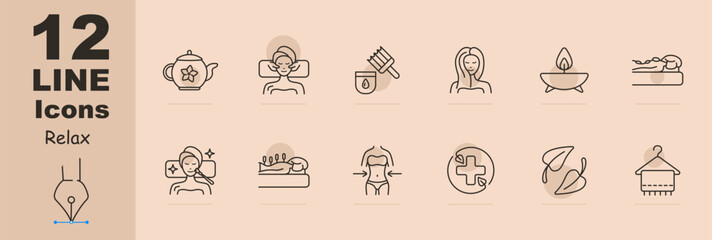 Relax set icon. Tea, tea ceremony, facial massage, acupuncture, cream, oils, healthy and strong hair, aroma candle, stone therapy, towel, weight loss, cross, traditional medicine. Sauna concept.