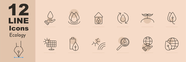 Ecology set icon. Hand, water, drop, aqua, water cycle, sprout, growth, petal, foliage, battery, sun rays, solar panels, magnifying glass, world. Environment care concept.