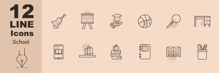 School set icon. School bell, blackboard, student cap, learning, school items, basketball, magnifying glass, loupe, desk, books, reading, diary, grades, school supplies. Education concept.