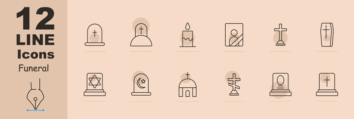Funeral set icon. Grave, cross, Christianity, faith, burial, mound, candle, flame, portrait, ritual photo on monument, coffin, Turkish funeral traditions, temple, funeral slab. Obsequies concept. - obrazy, fototapety, plakaty