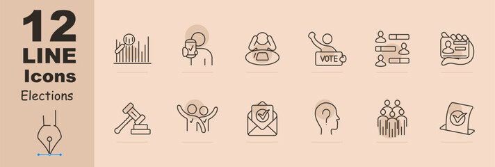 Elections set icon. Magnifying glass, statistics, vote for candidate, sign, reflection, communication, discussion, ID card, envelope, letter, voter, group of people, ballot. Voting concept.