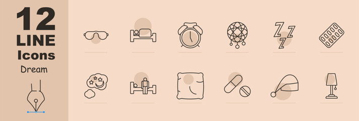 Dream set icon. Slumber, repose, bed, alarm clock, dream catcher, Z, snoring, melatonin, pillow, tablets, pills, sleep cap, lamp, man on doss. Sleep concept.
