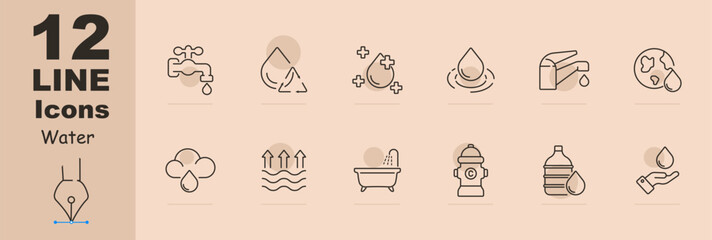 Water set icon. Faucet, aqua, recycling, improvement, cross, drop, ocean, water balance, water level, tap, crane, world, earth, planet, bathroom, hydrant, water bottle. Environment care concept.