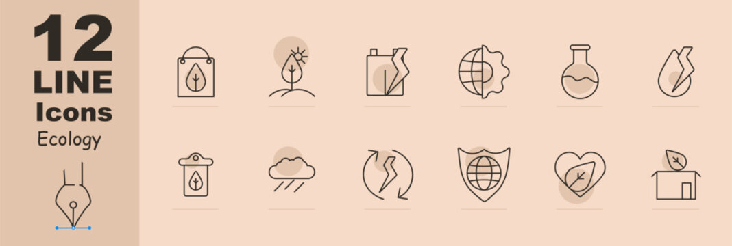 Ecology set icon. Package, sprout, foliage, plastic recycling, symbiosis of nature and man, earth, flask, moly, rain, cycle, conversion, shield, protecting planet, heart. Environment care concept.