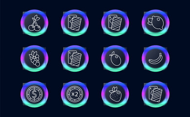 Casino set icon. Cards, suits, fruits, win, doubling, money, king, diamond, hearts, spades, banana, risks, excitement, ardor, passion, lemon, cherry, strawberry, glassmorphism. Gambling concept.