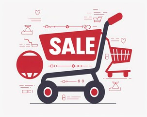 vector banner design with text "MEGA SALE" and the words shop now, featuring a shopping cart icon in red color and gray background. A button that says shop Now. Illustration for social media post