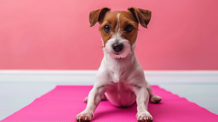 Cute Jack Russell Terrier sitting on a pink yoga mat against a white and pink background.