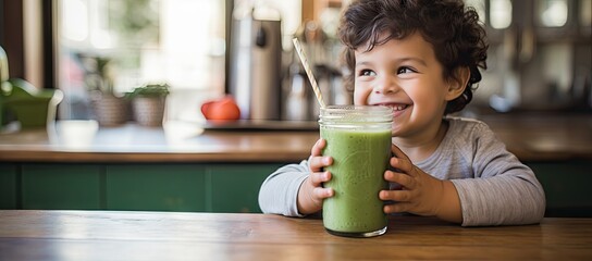 Little boy holding a glass of green smoothie