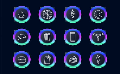 Fast food set icon. Fats, carbohydrates, cup of coffee, pizza, ice cream cone and scooped ice cream, donut, sausage, croissant, cake, fries, burger, unhealthy diet, glassmorphism. Junk food concept.