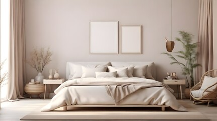 Mockup frame in light cozy and simple bedroom interior background, 3d render

