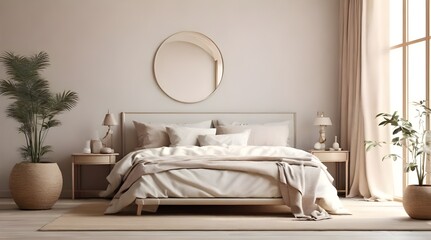 Mockup frame in light cozy and simple bedroom interior background, 3d render

