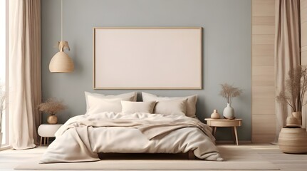 Mockup frame in light cozy and simple bedroom interior background, 3d render

