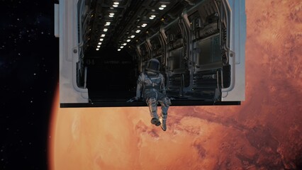 An astronaut sits in the open hatch of a spacecraft overlooking Mars