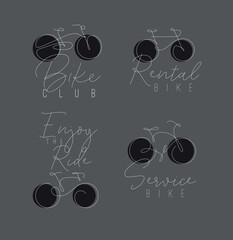 Bike icon labels with lettering drawing with color elements on grey background