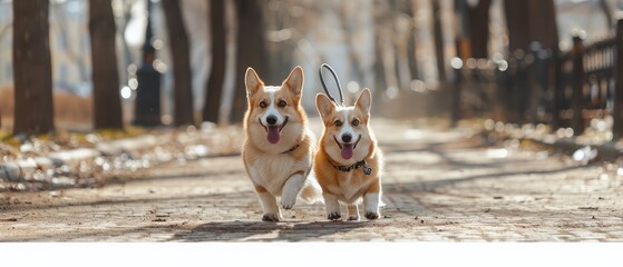 Welsh Corgi Pembroke dogs on a walk in the spring Park