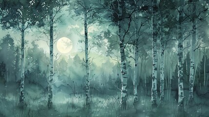 Watercolor Imagine a peaceful grove of birch trees, their slender trunks gleaming silver in the moonlight