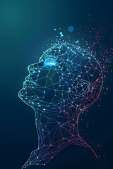 An electric blue glowing head composed of lines and dots emits light underwater resembling a jellyfish. An artistic organism that illuminates the liquid marine world