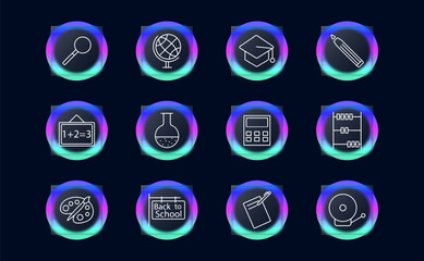 School set icon. Magnifying glass, globe, earth, student cap, pencil, abacus, calculator, example, task, board, bell, record, sign, back to school, brush, palette, glassmorphism. Education concept.