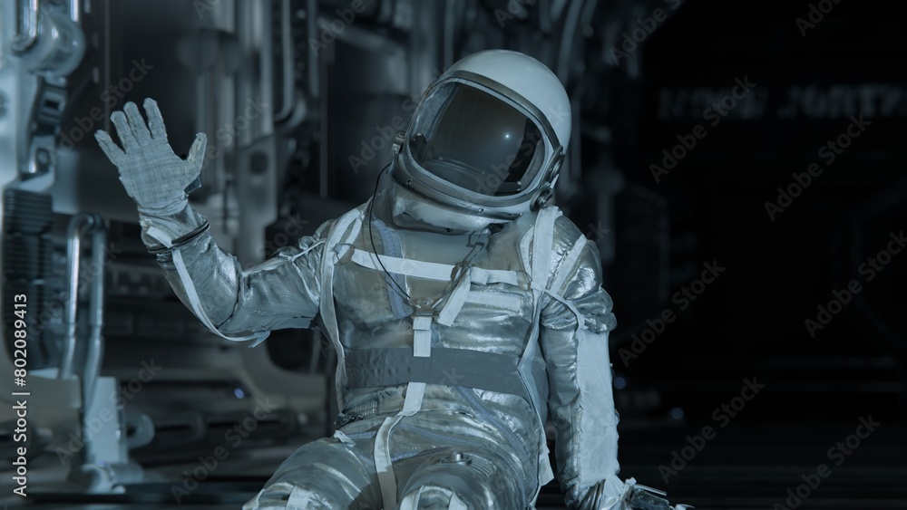 Aufkleber 3d animation of an astronaut waving hello from the spacecraft above the moon surface