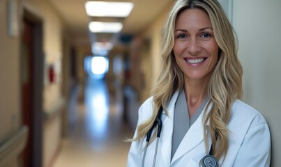 Fototapeta premium Gorgeous smiling middle aged 40th 50th blonde doctor healthcare professional with long hair in hospital hallway with toothy healthy smile